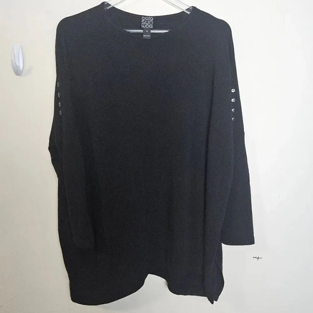 CLARA SUN WOO FRENCH TERRY-LIKE KNIT - VENTED SWEATER TUNIC Black Medium